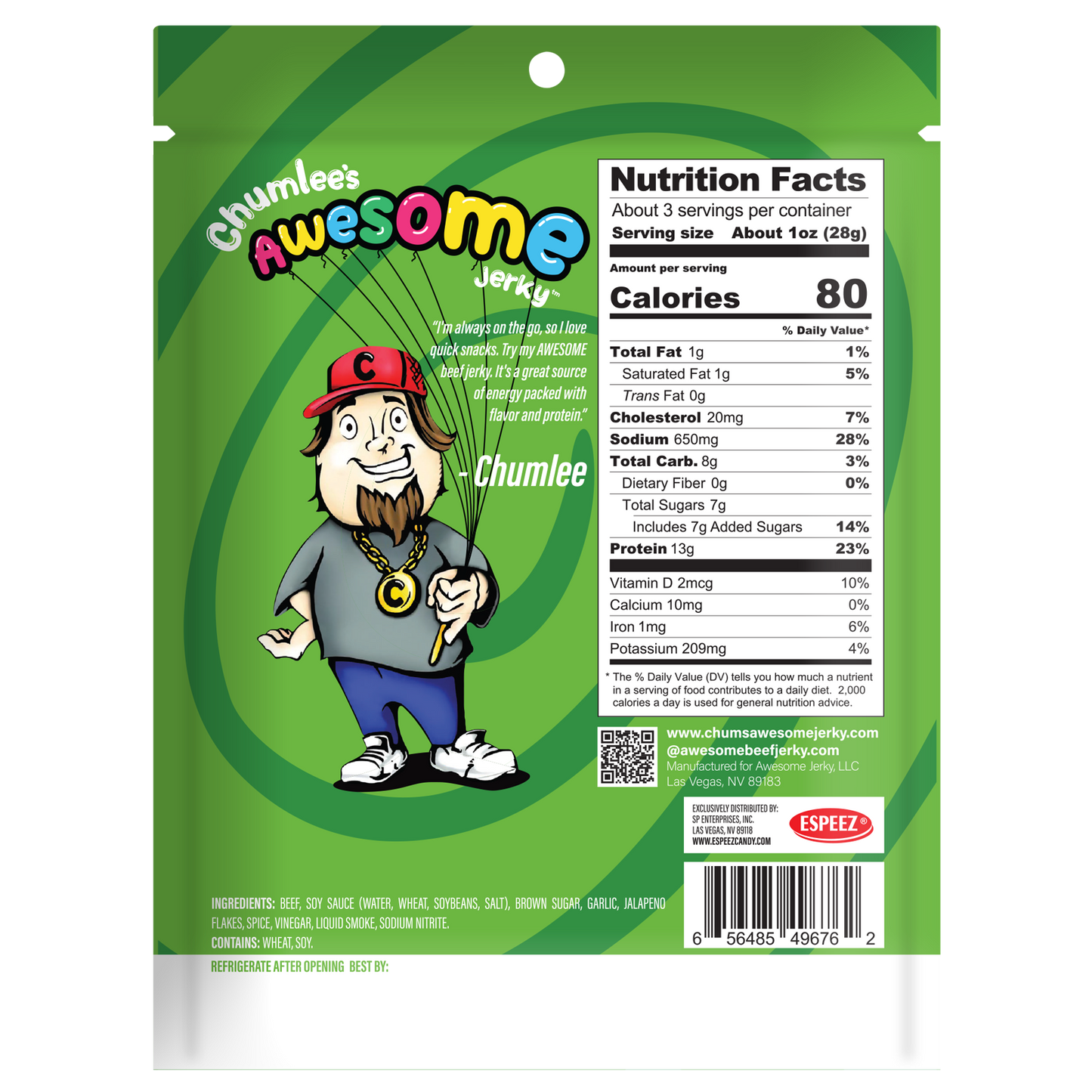 Chumlee's Awesome Beef Jerky, Jalapeno Garlic, 3 oz Bag