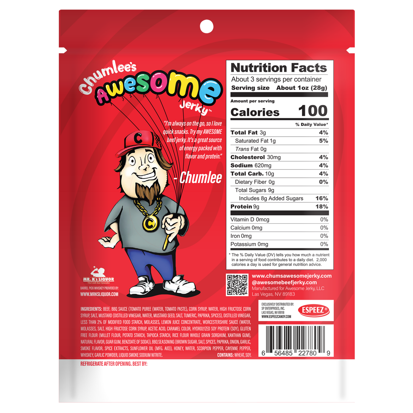 Chumlee's Awesome Beef Jerky, Whiskey BBQ Scorpion Pepper, 3 oz Bag